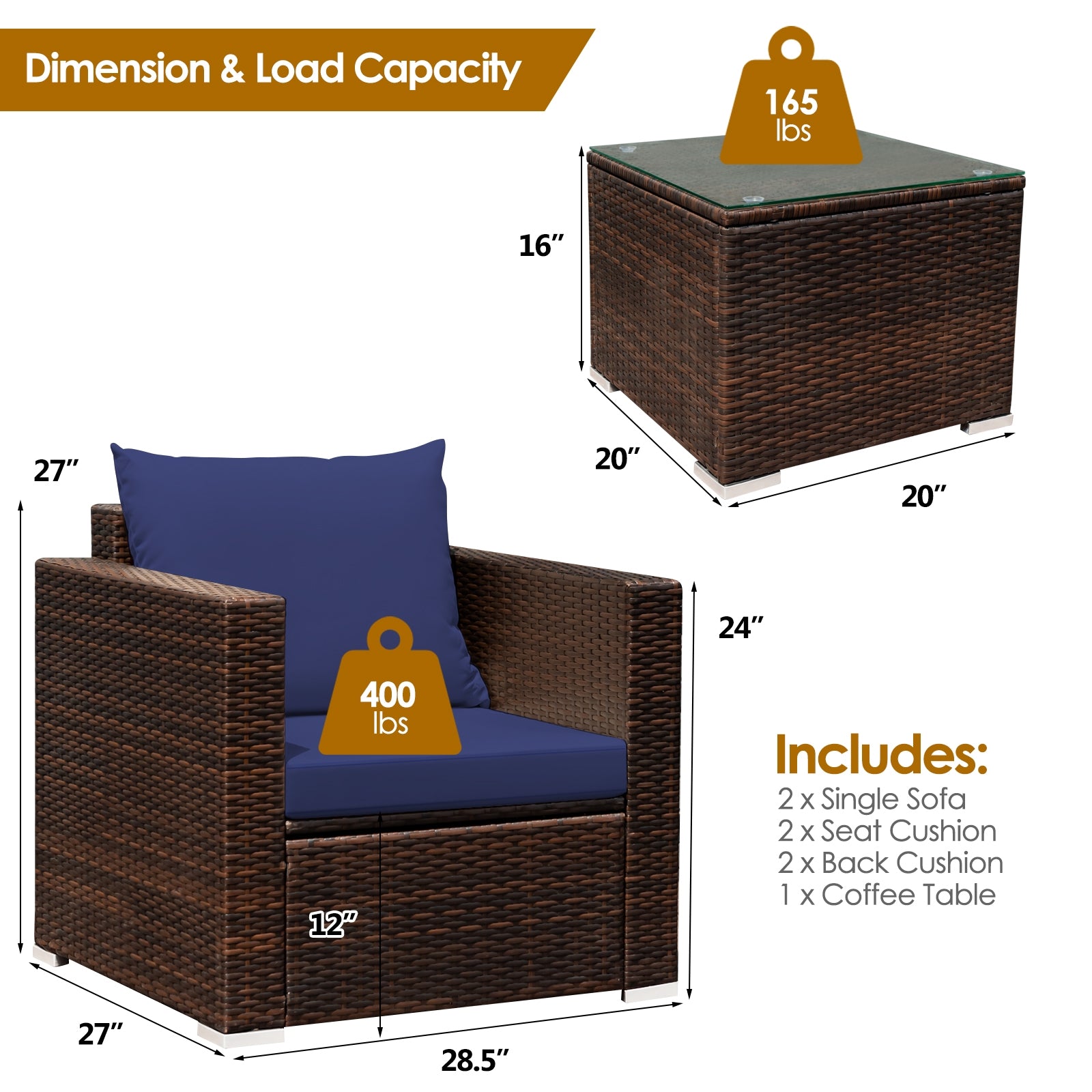 3 Pcs Patio Conversation Rattan Furniture Set with Cushion, Blue Patio Conversation Sets   at Gallery Canada