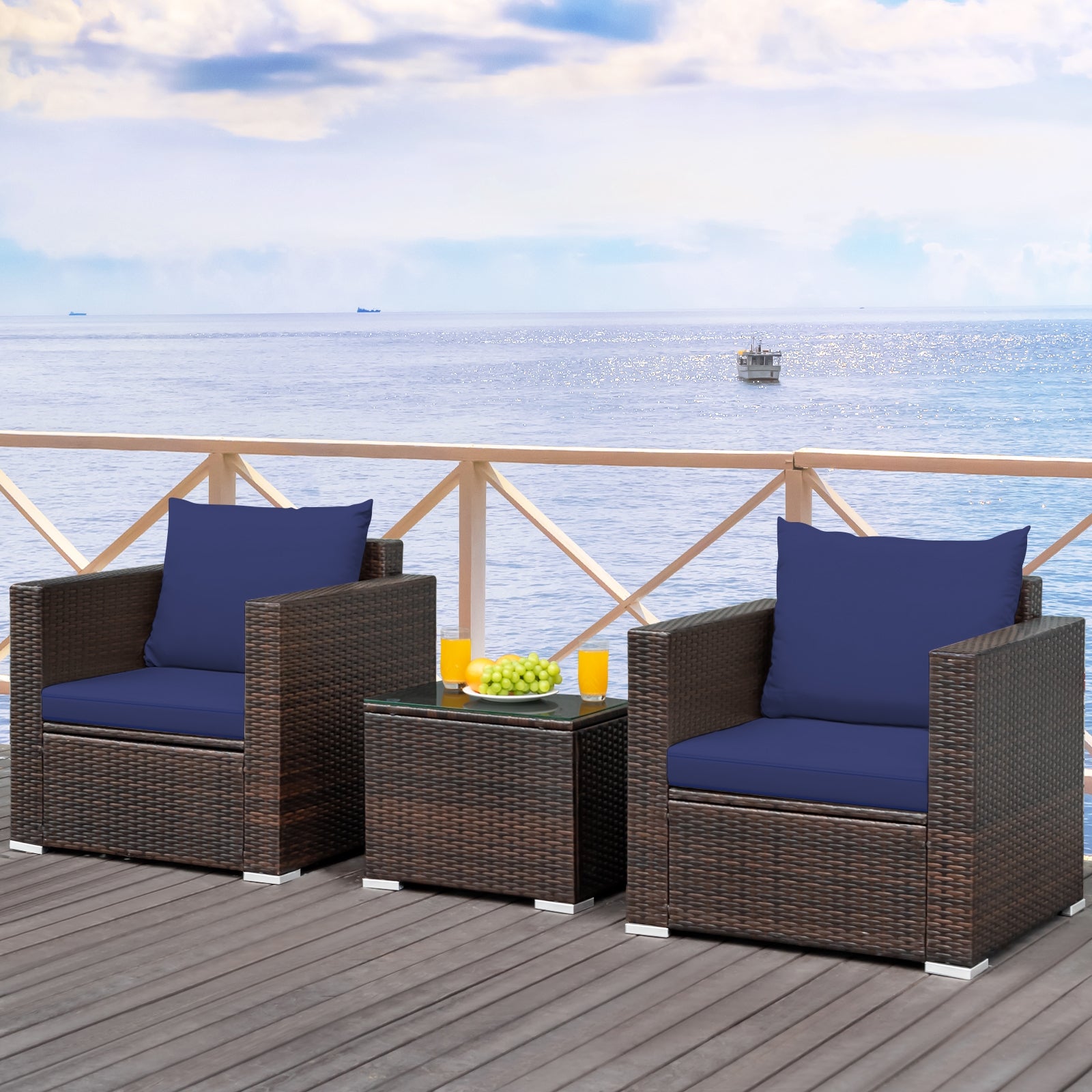 3 Pcs Patio Conversation Rattan Furniture Set with Cushion, Blue Patio Conversation Sets   at Gallery Canada