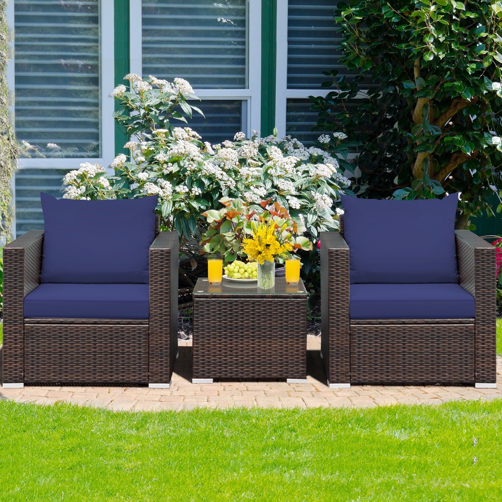 3 Pcs Patio Conversation Rattan Furniture Set with Cushion, Blue Patio Conversation Sets   at Gallery Canada