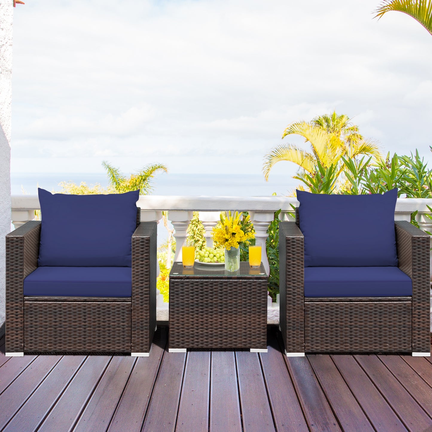 3 Pcs Patio Conversation Rattan Furniture Set with Cushion, Blue Patio Conversation Sets   at Gallery Canada