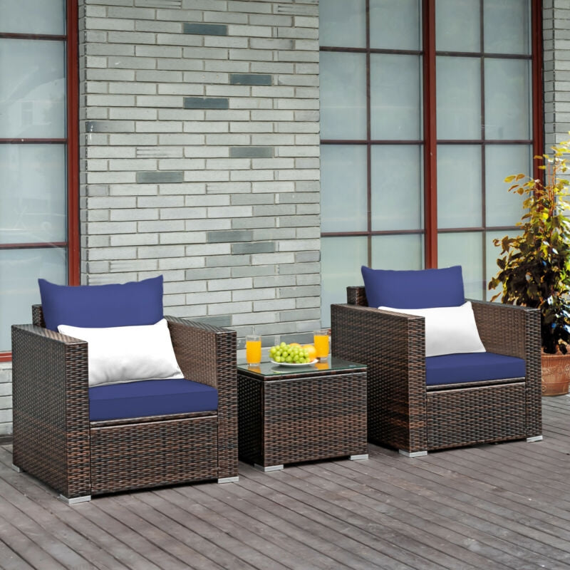 3 Pcs Patio Conversation Rattan Furniture Set with Cushion, Blue Patio Conversation Sets   at Gallery Canada