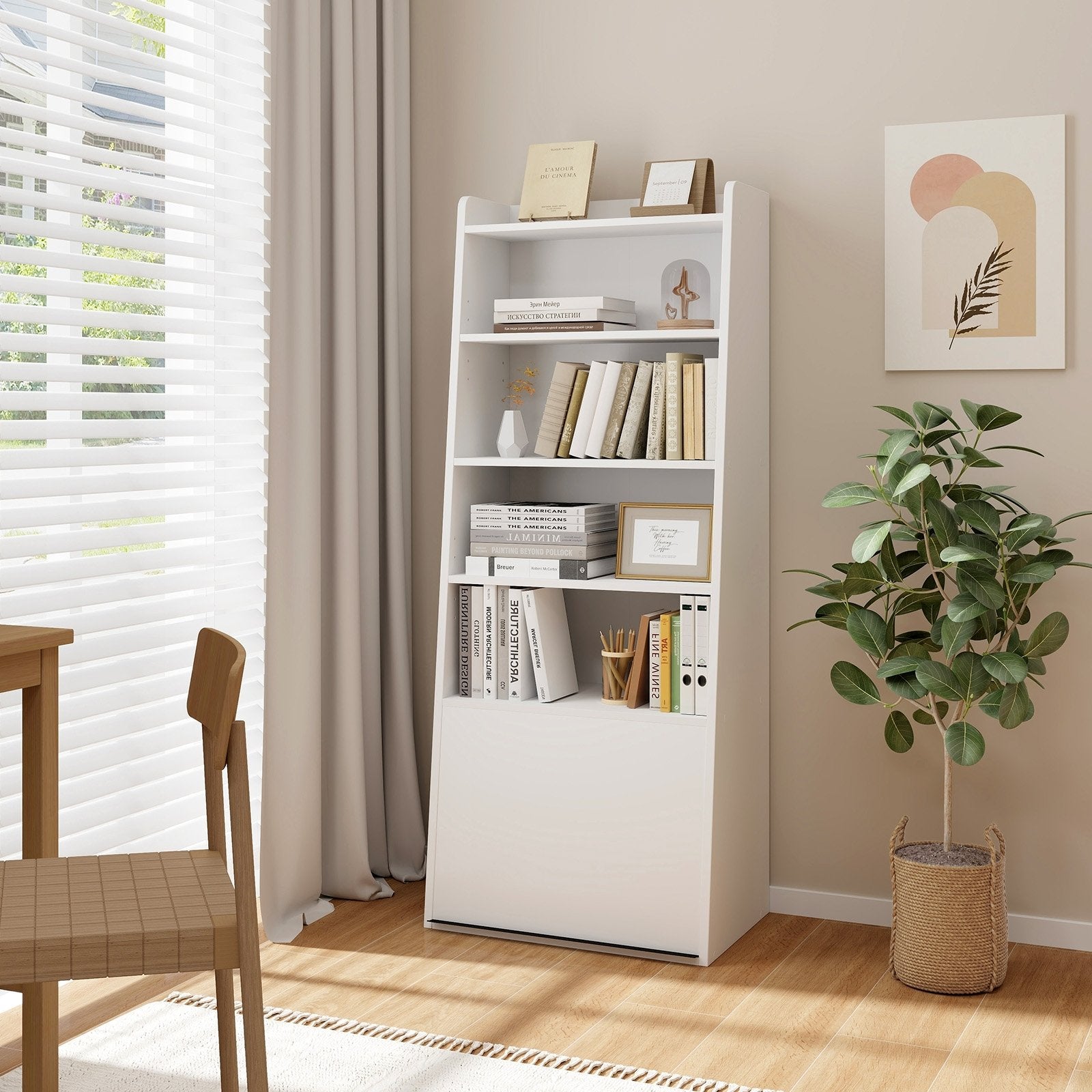 6-Tier Bookcase Freestanding Ladder Bookshelf with 2 Adjustable Shelves and Flip Up Door, White Bookcases   at Gallery Canada