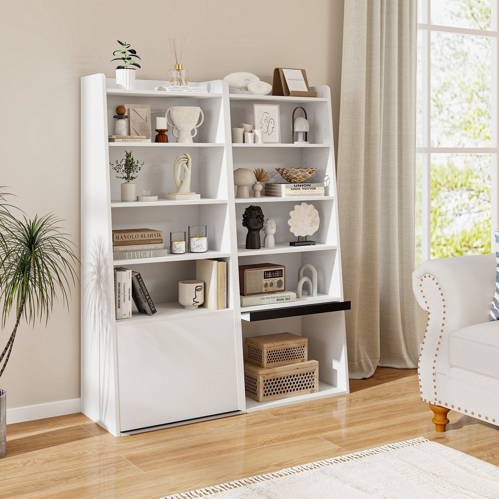 6-Tier Bookcase Freestanding Ladder Bookshelf with 2 Adjustable Shelves and Flip Up Door, White Bookcases   at Gallery Canada