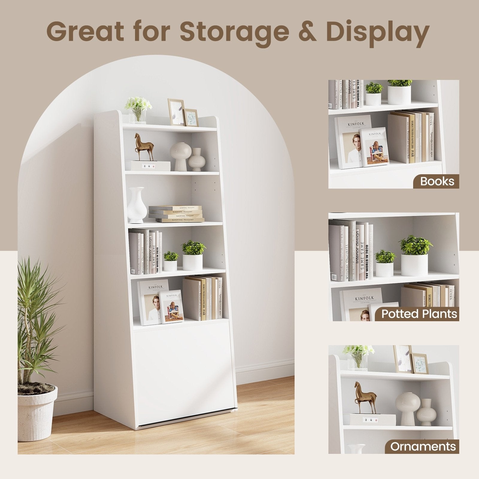 6-Tier Bookcase Freestanding Ladder Bookshelf with 2 Adjustable Shelves and Flip Up Door, White Bookcases   at Gallery Canada