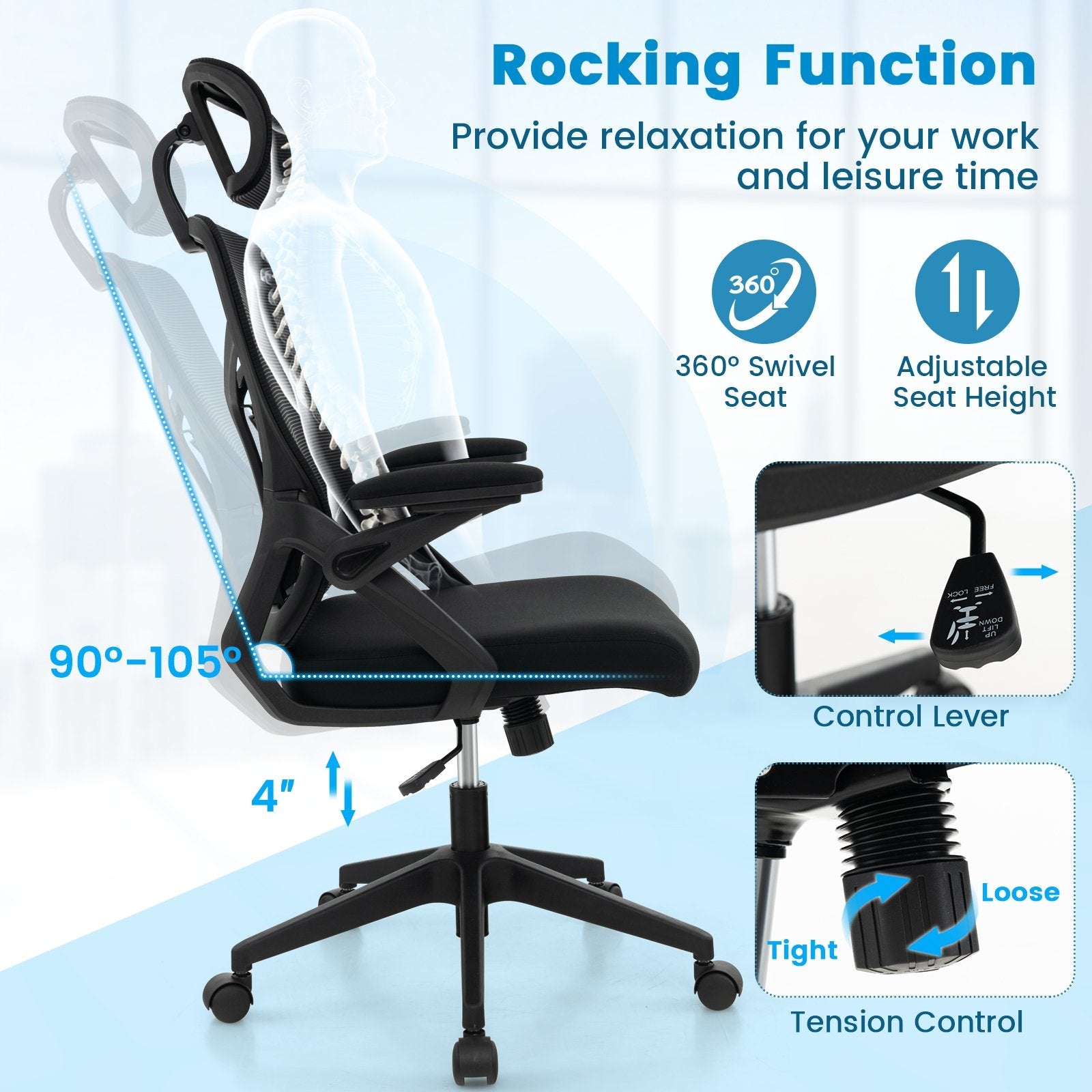 Ergonomic Mesh Office Chair with Lumbar Support and Rocking Function, Black Mesh Chairs   at Gallery Canada