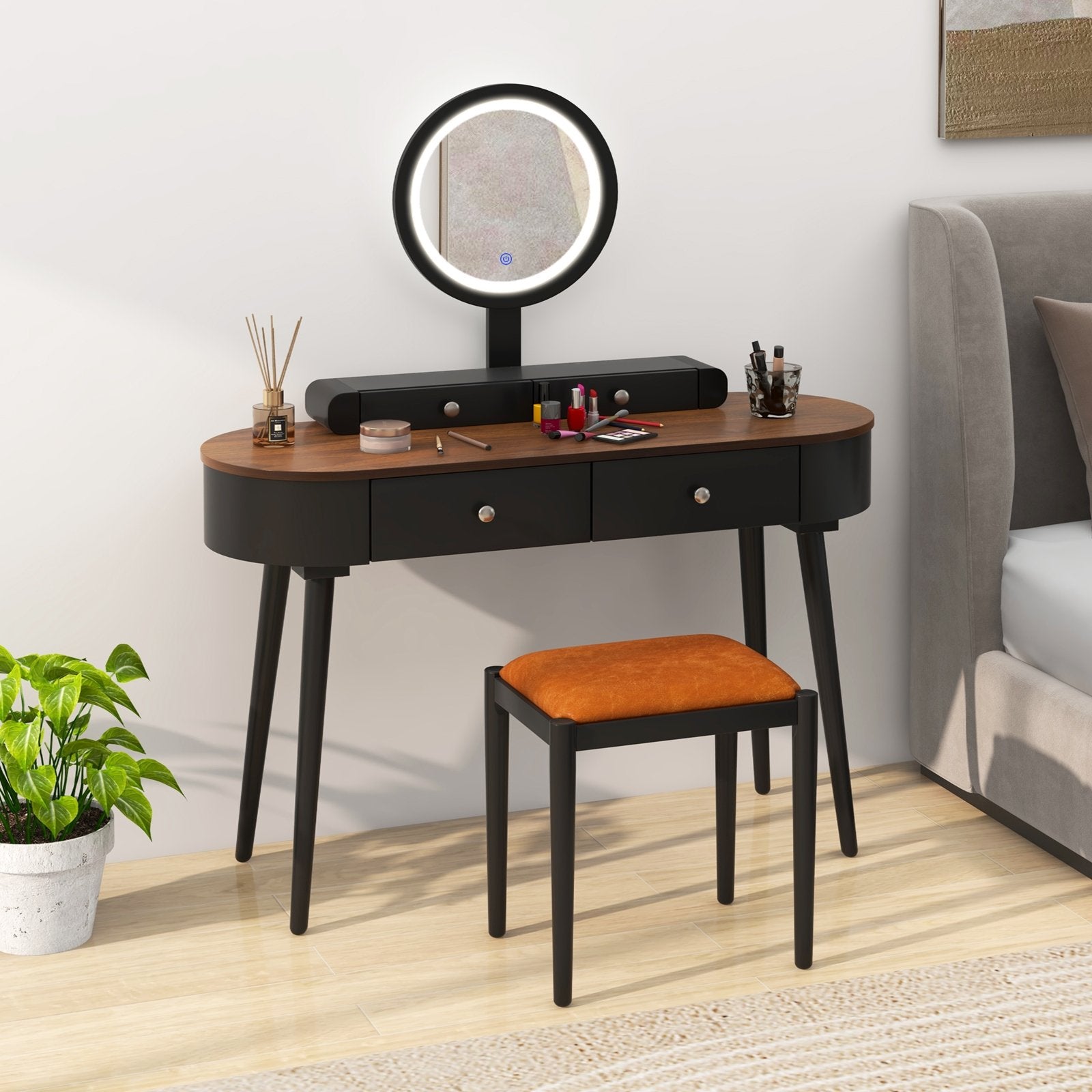 Makeup Vanity Table Set with LED Mirror and 3 Spacious Drawers-Black, Black & Brown Makeup Vanities   at Gallery Canada