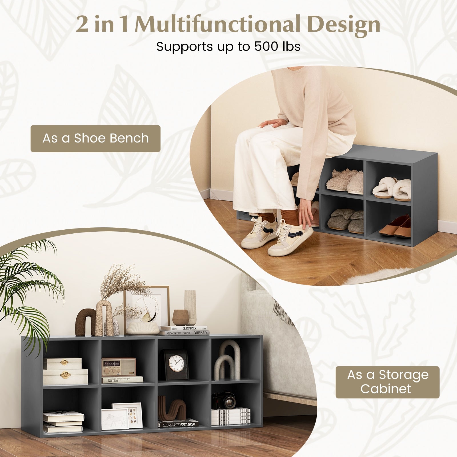 8 Cubbies Shoe Organizer with 500 LBS Weight Capacity, Gray Shoe Racks & Storage Benches at Gallery Canada