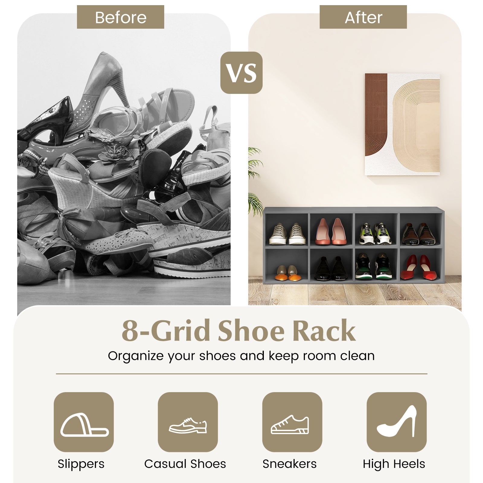 8 Cubbies Shoe Organizer with 500 LBS Weight Capacity, Gray Shoe Racks & Storage Benches at Gallery Canada