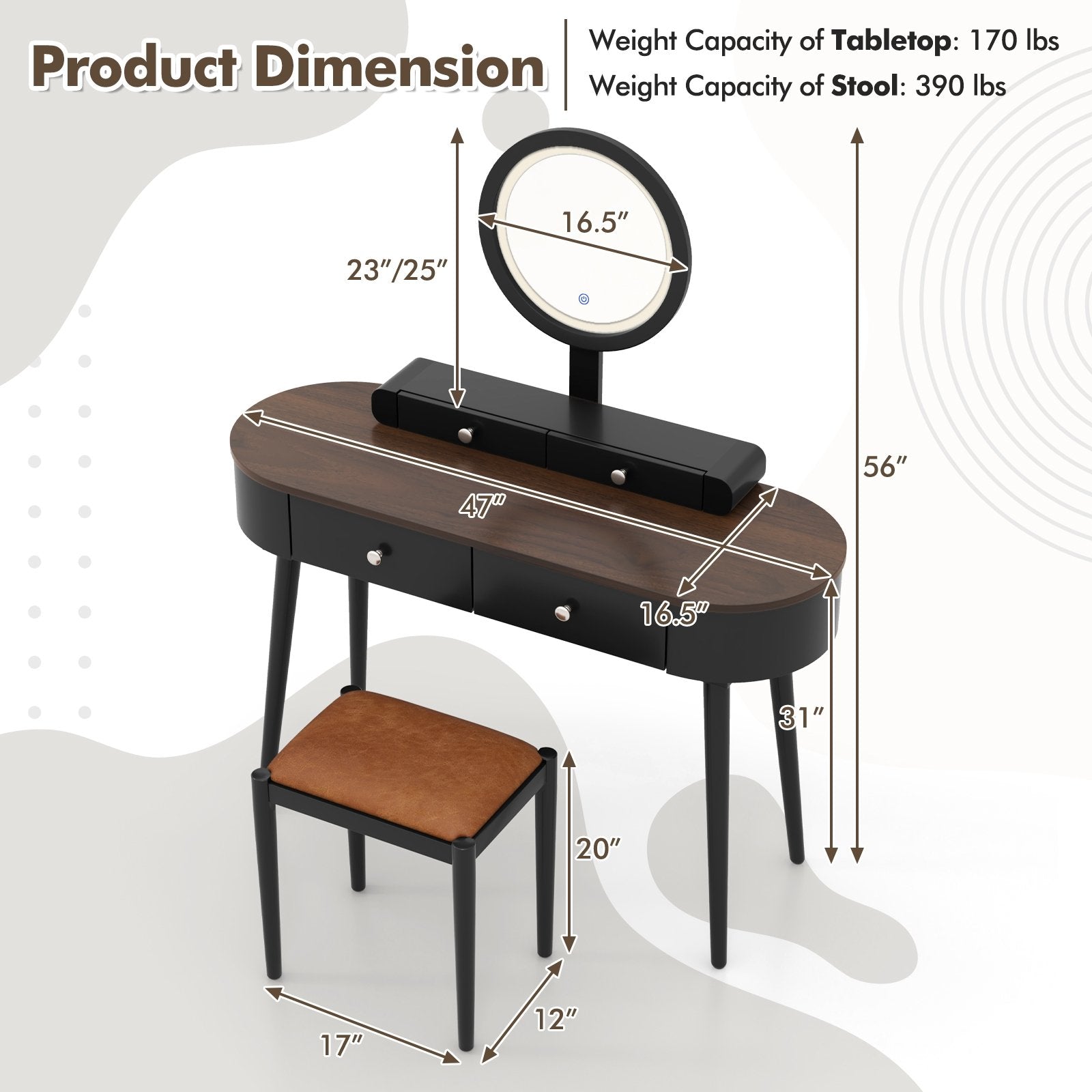 Makeup Vanity Table Set with LED Mirror and 3 Spacious Drawers-Black, Black & Brown Makeup Vanities   at Gallery Canada