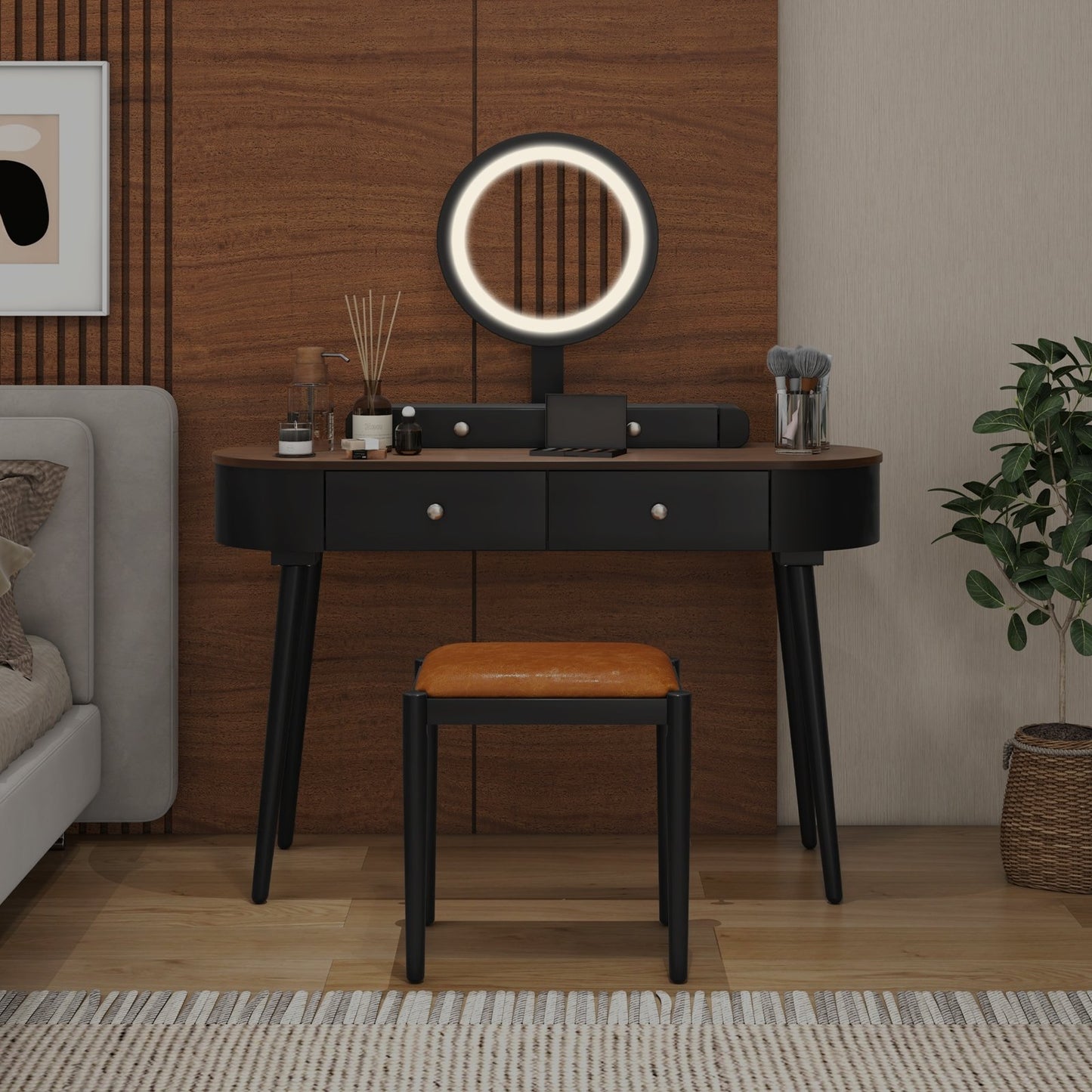 Makeup Vanity Table Set with LED Mirror and 3 Spacious Drawers-Black, Black & Brown Makeup Vanities   at Gallery Canada