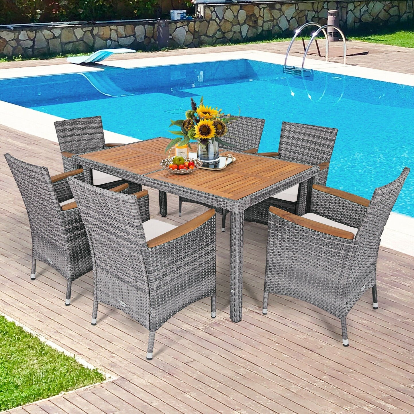 7 Pieces Patio Acacia Wood Cushioned Rattan Dining Set, Brown - Gallery Canada