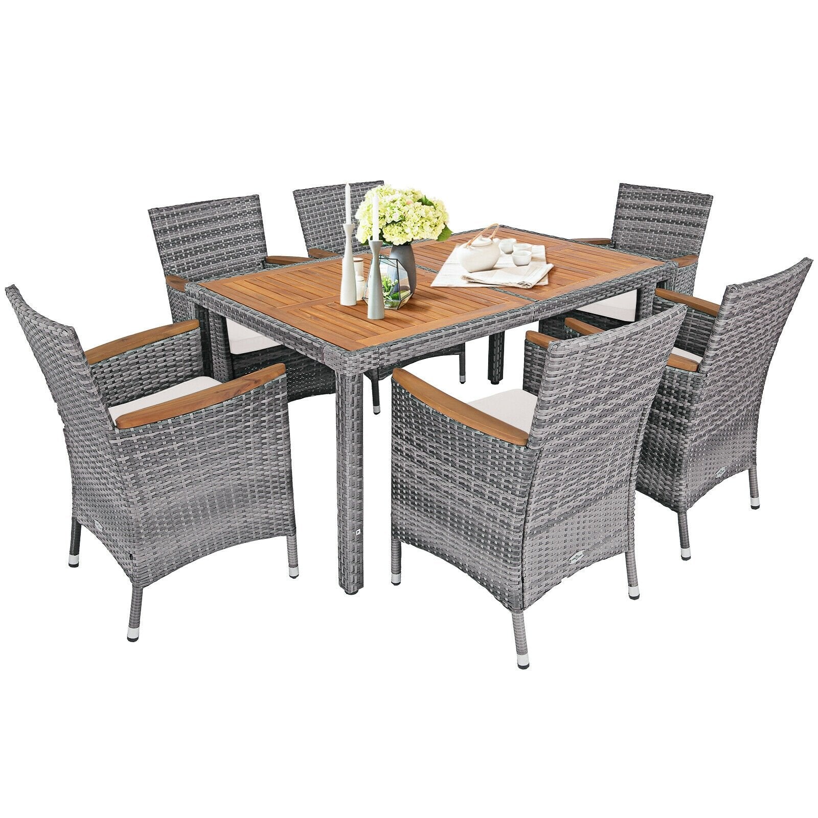 7 Pieces Patio Acacia Wood Cushioned Rattan Dining Set, Brown - Gallery Canada