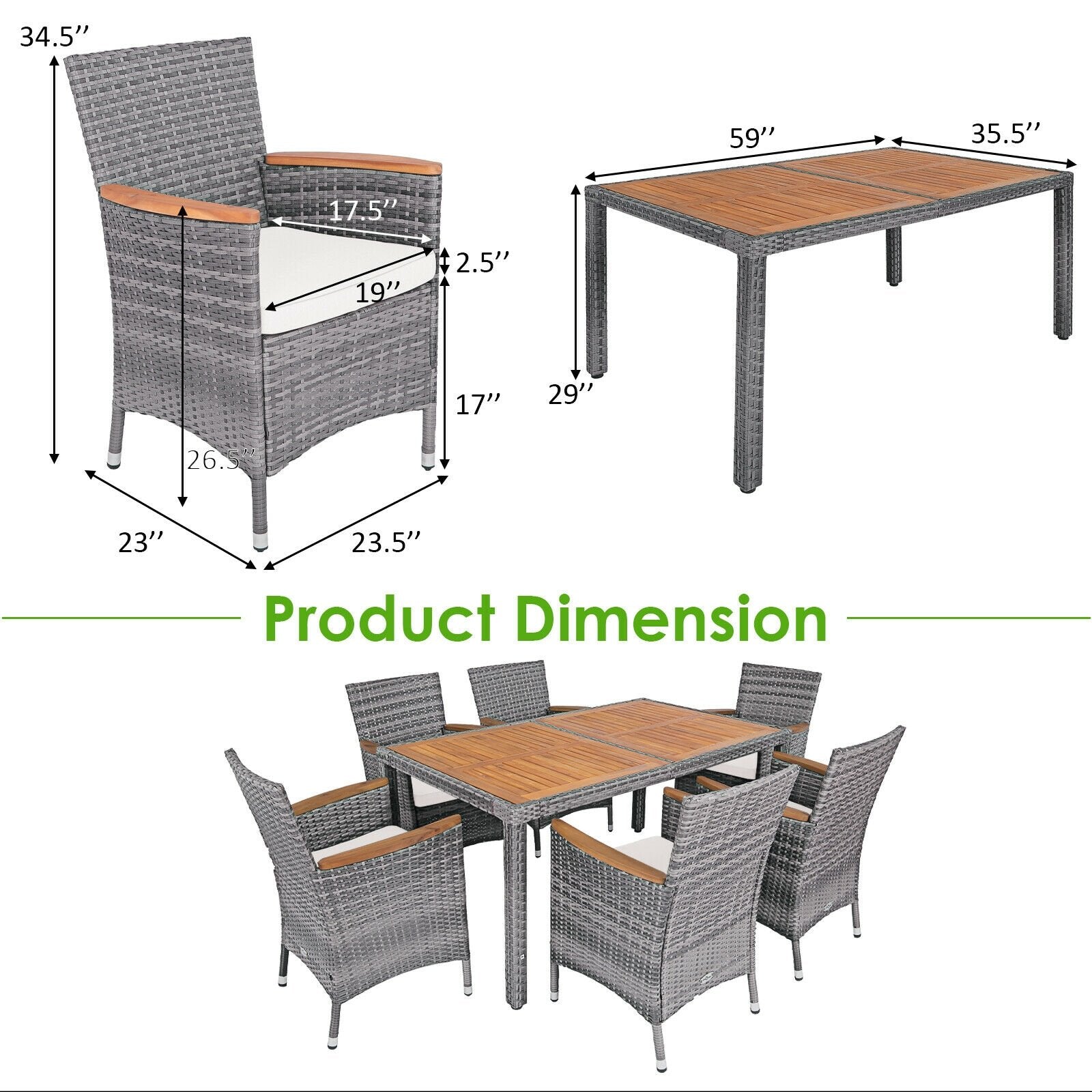 7 Pieces Patio Acacia Wood Cushioned Rattan Dining Set, Brown Patio Dining Sets   at Gallery Canada