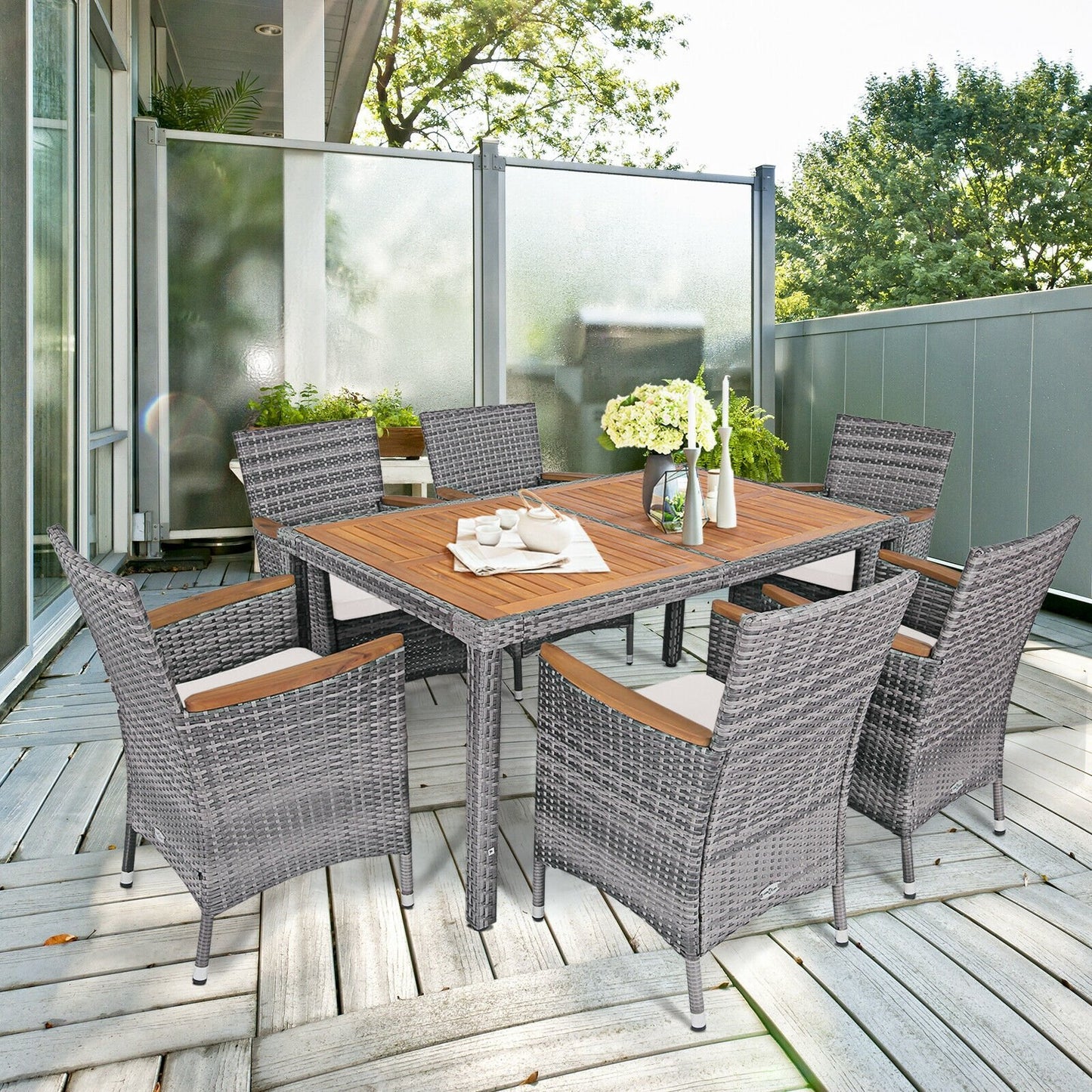 7 Pieces Patio Acacia Wood Cushioned Rattan Dining Set, Brown Patio Dining Sets   at Gallery Canada