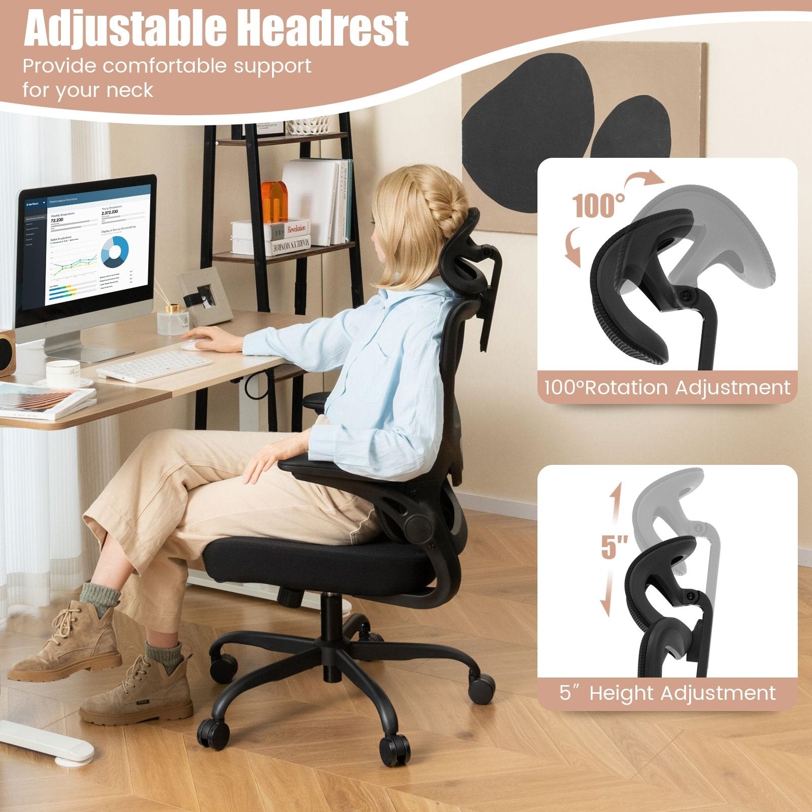 Mesh Office Chair with Adaptive Lumbar Support  Flip-up Armrests  Reclining Backrest, Black Ergonomic Chairs   at Gallery Canada