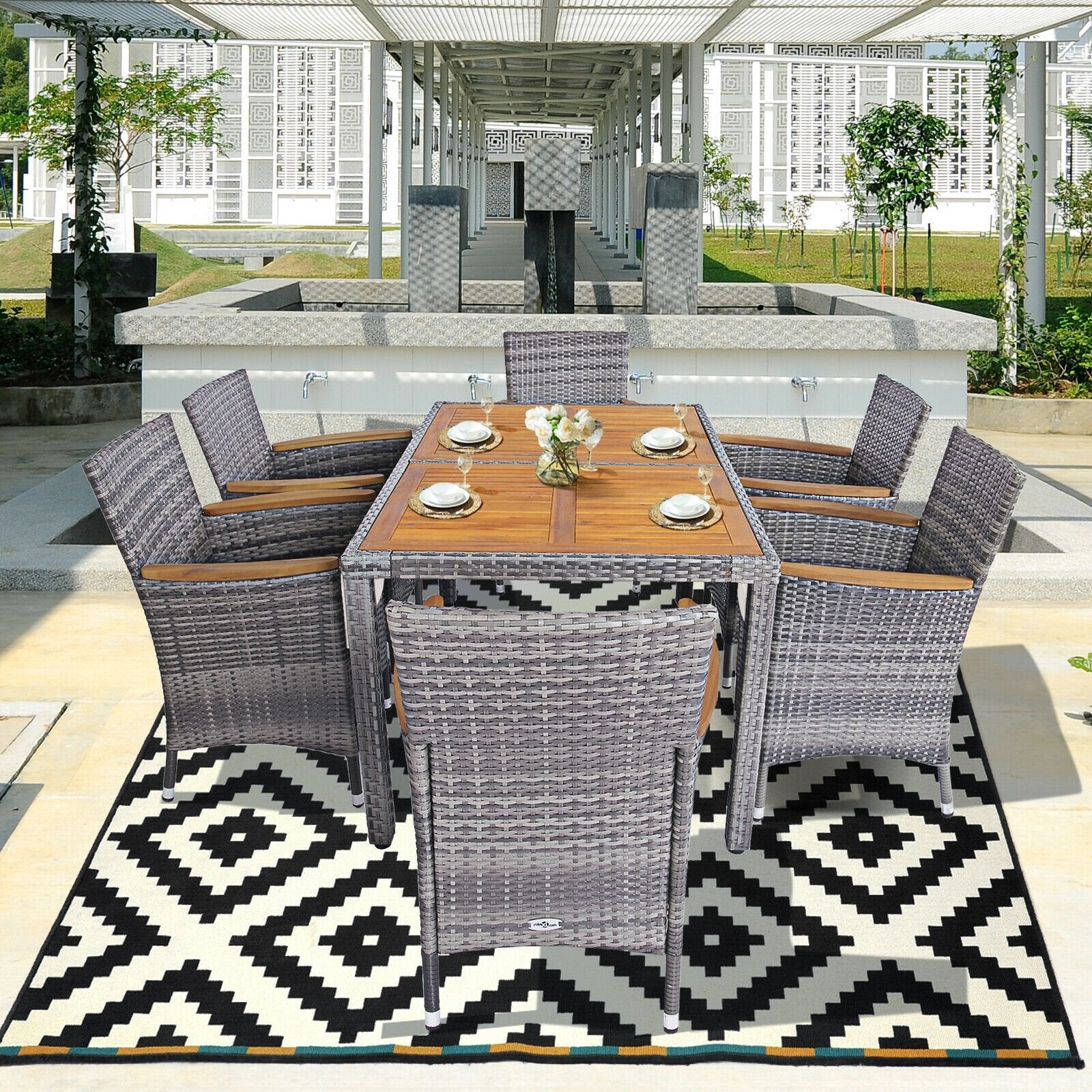 7 Pieces Patio Acacia Wood Cushioned Rattan Dining Set, Brown - Gallery Canada