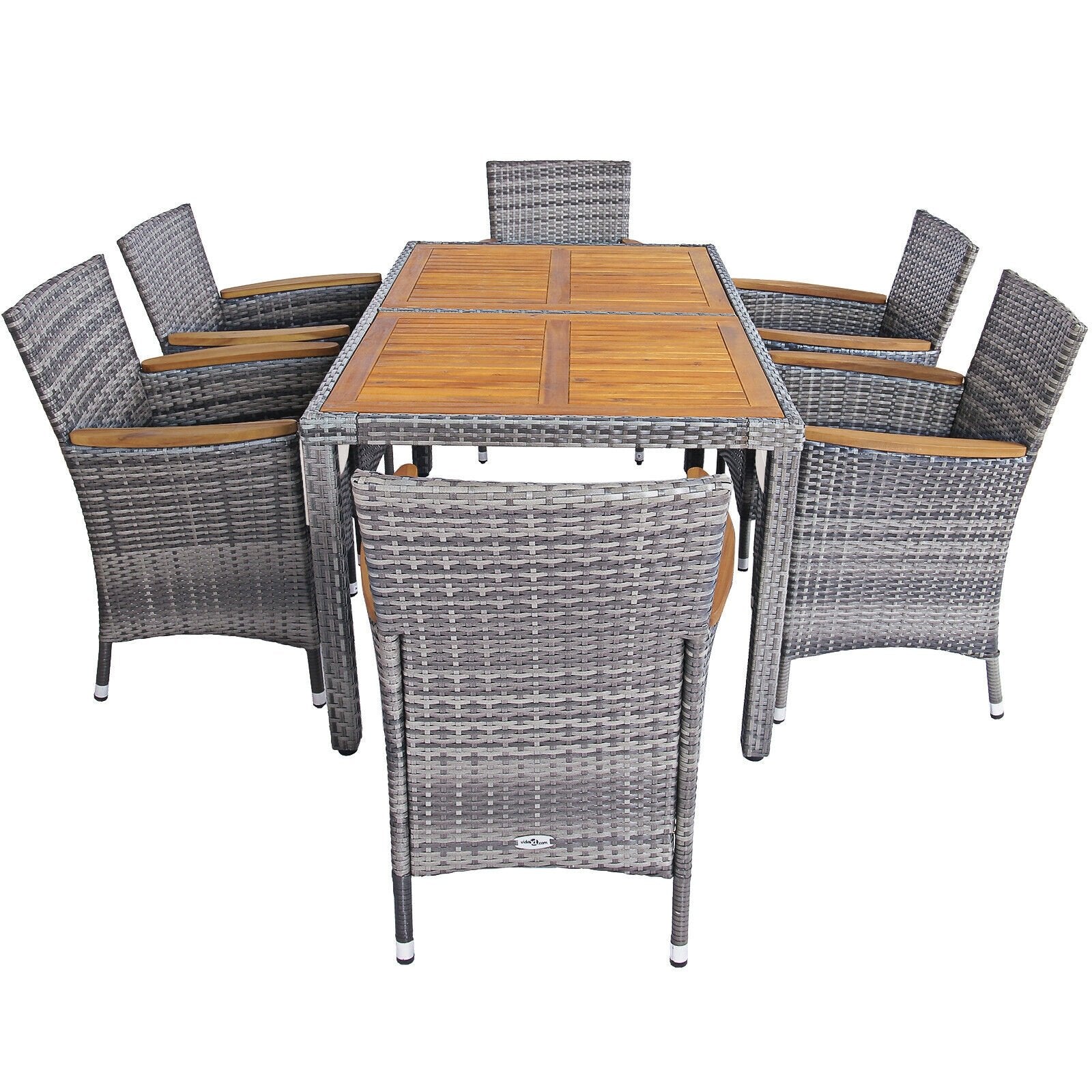 7 Pieces Patio Acacia Wood Cushioned Rattan Dining Set, Brown - Gallery Canada