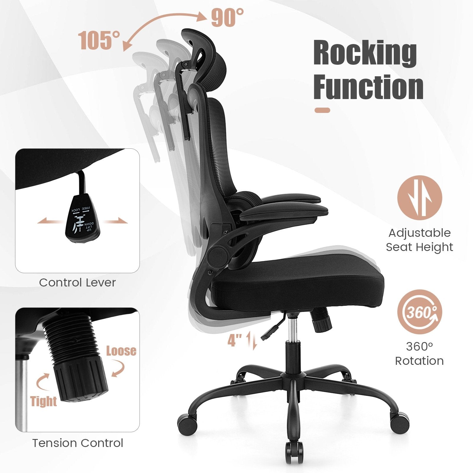 Mesh Office Chair with Adaptive Lumbar Support  Flip-up Armrests  Reclining Backrest, Black Ergonomic Chairs   at Gallery Canada