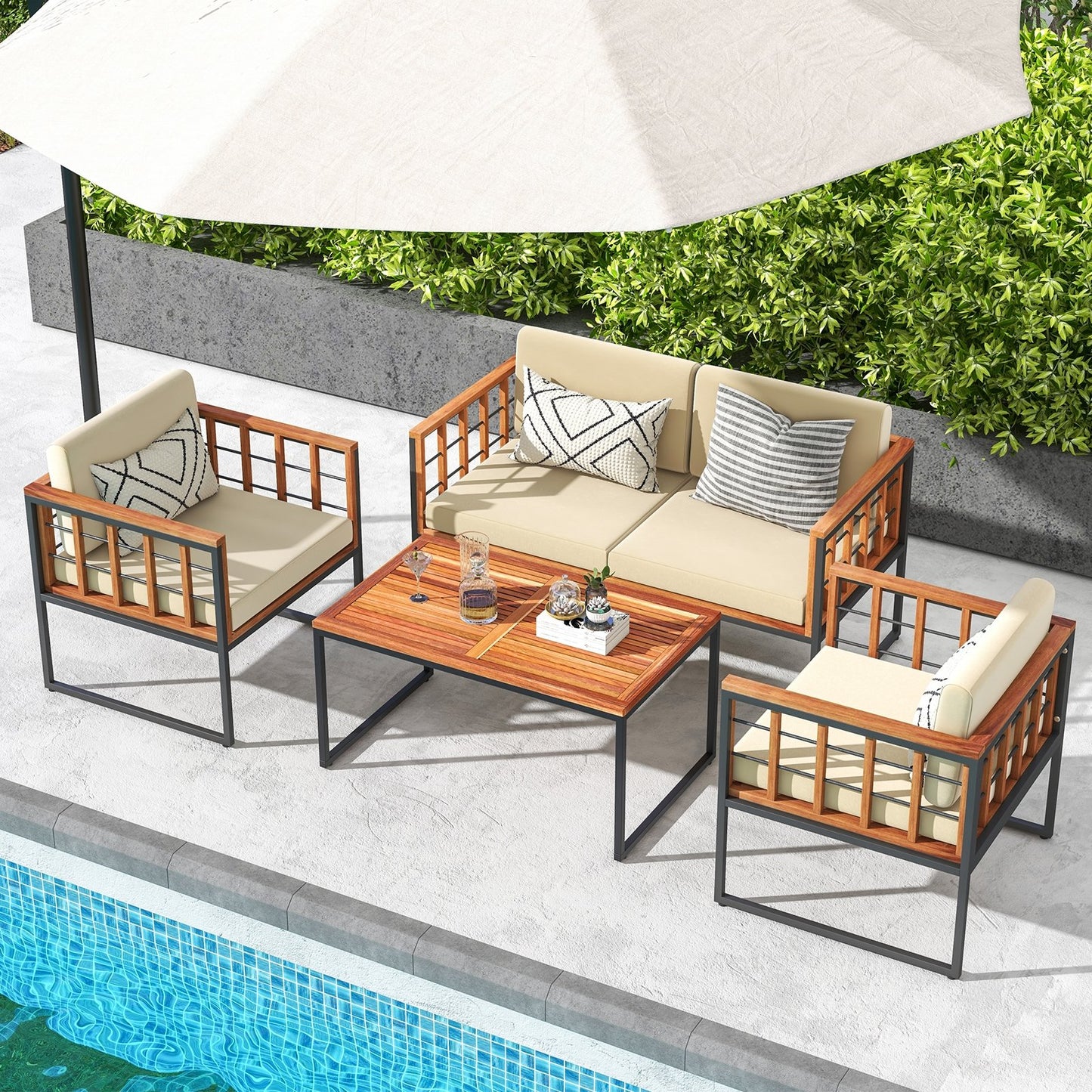 4 Pieces Acacia Wood Outdoor Sofa Set for Balcony  Porch  Backyard  Poolside Outdoor Sectionals   at Gallery Canada