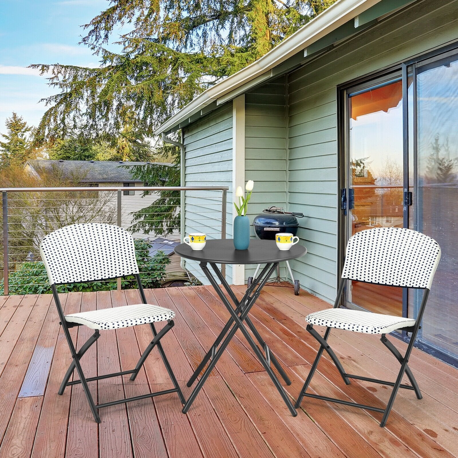 3 Pieces Patio Rattan Bistro Set with Round Dining Table and 2 Chairs, Black & White Patio Conversation Sets   at Gallery Canada