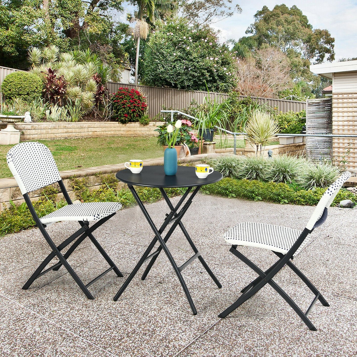 3 Pieces Patio Rattan Bistro Set with Round Dining Table and 2 Chairs, Black & White Patio Conversation Sets   at Gallery Canada