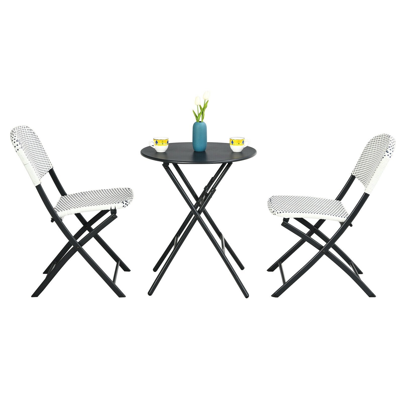 3 Pieces Patio Rattan Bistro Set with Round Dining Table and 2 Chairs, Black & White Patio Conversation Sets   at Gallery Canada