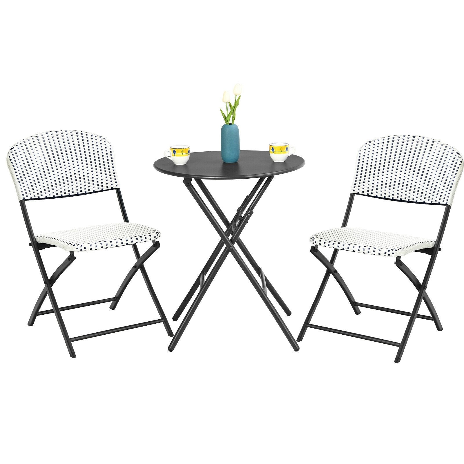 3 Pieces Patio Rattan Bistro Set with Round Dining Table and 2 Chairs, Black & White Patio Conversation Sets   at Gallery Canada