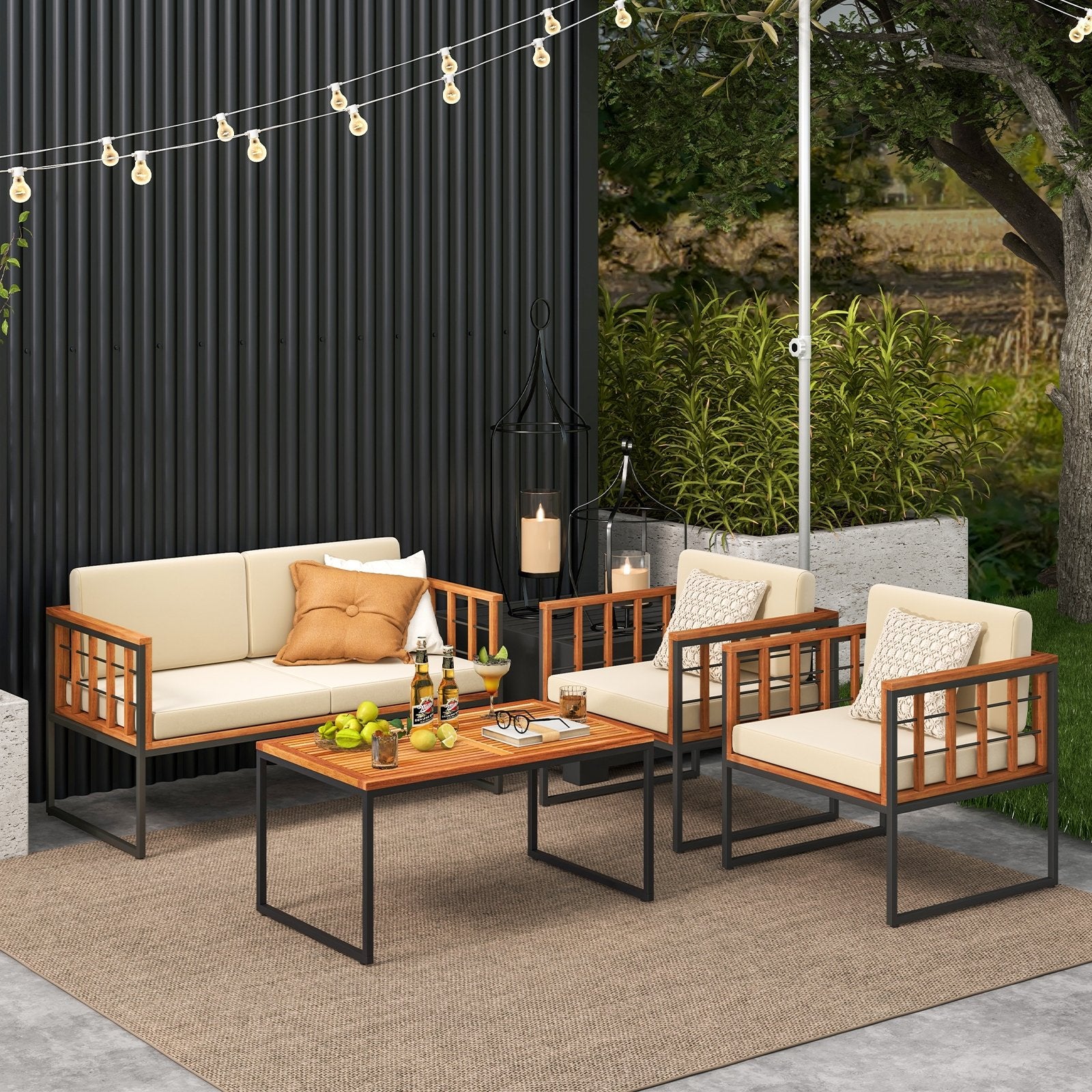 4 Pieces Acacia Wood Outdoor Sofa Set for Balcony  Porch  Backyard  Poolside Outdoor Sectionals   at Gallery Canada