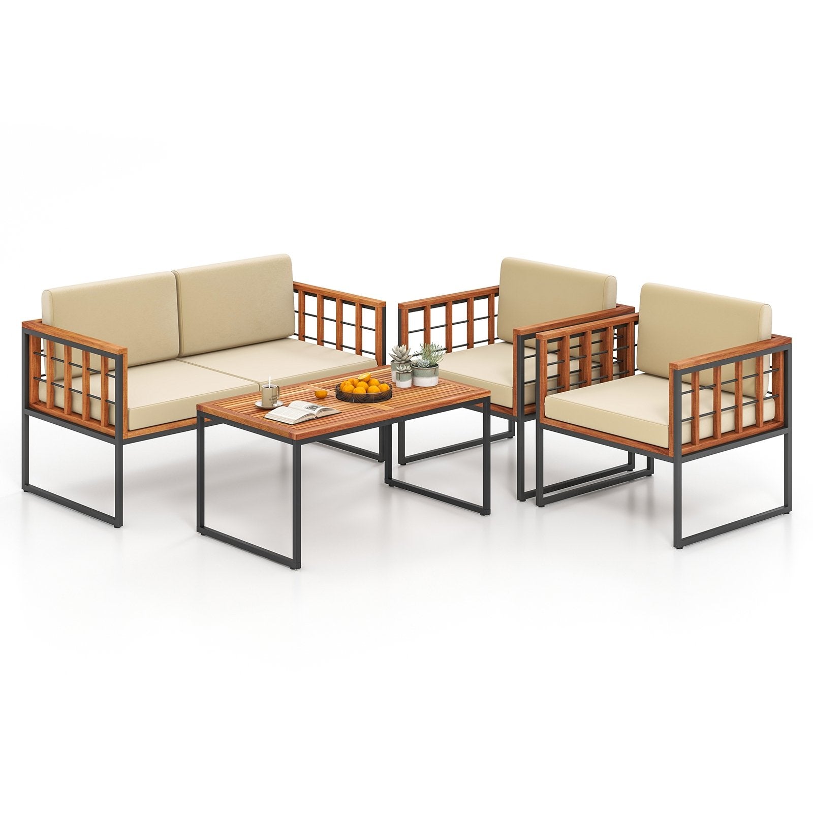 4 Pieces Acacia Wood Outdoor Sofa Set for Balcony  Porch  Backyard  Poolside Outdoor Sectionals   at Gallery Canada