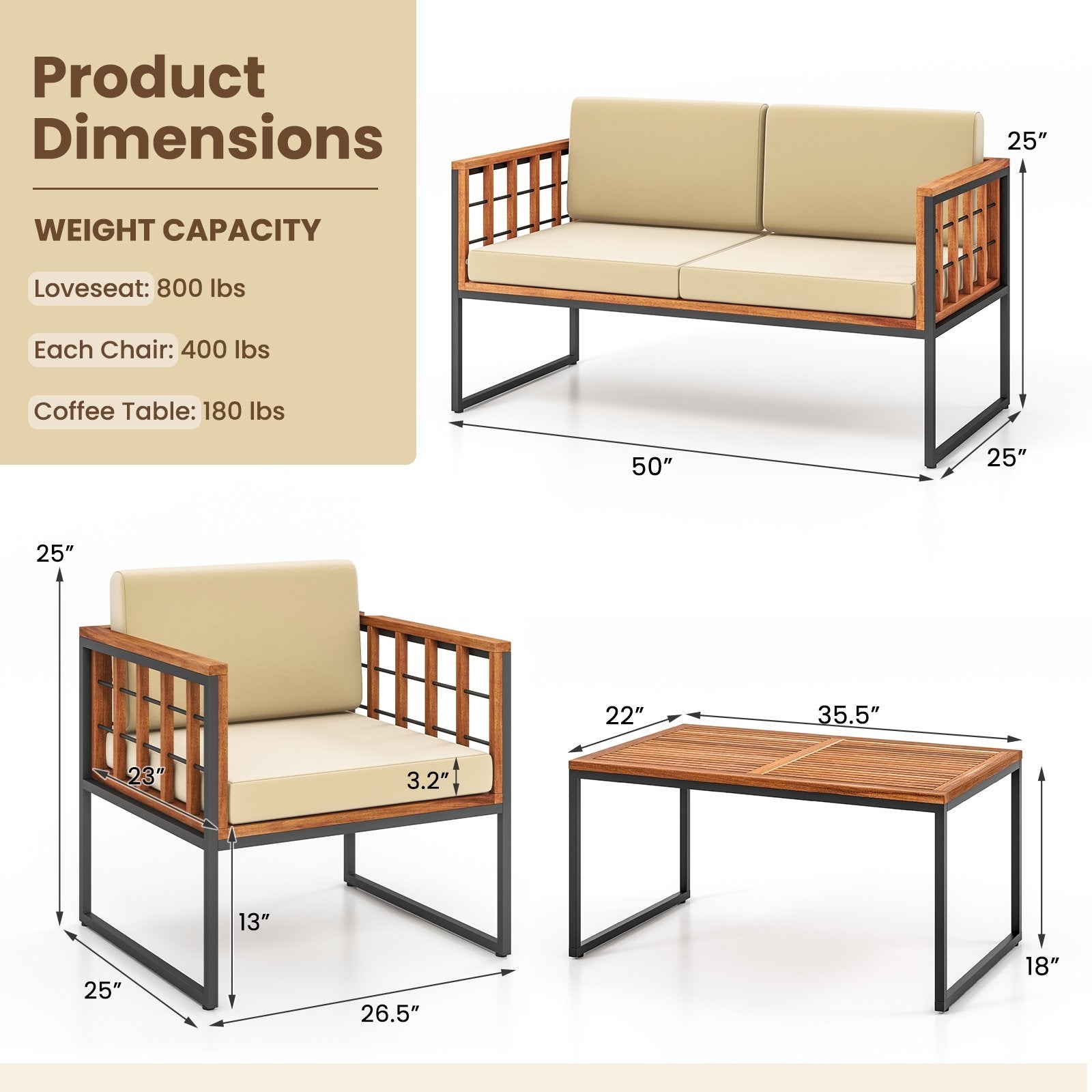 4 Pieces Acacia Wood Outdoor Sofa Set for Balcony  Porch  Backyard  Poolside Outdoor Sectionals   at Gallery Canada