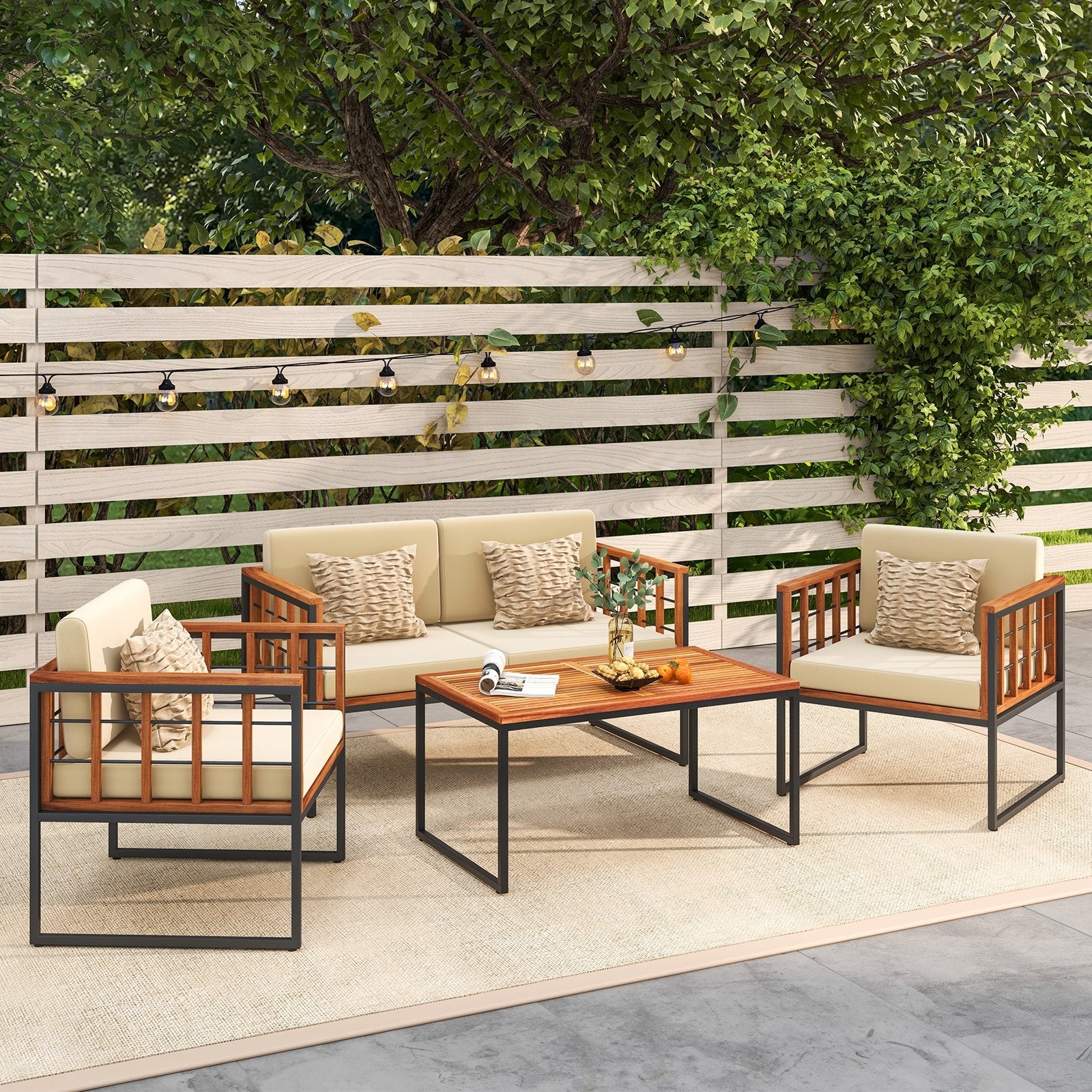 4 Pieces Acacia Wood Outdoor Sofa Set for Balcony  Porch  Backyard  Poolside Outdoor Sectionals   at Gallery Canada