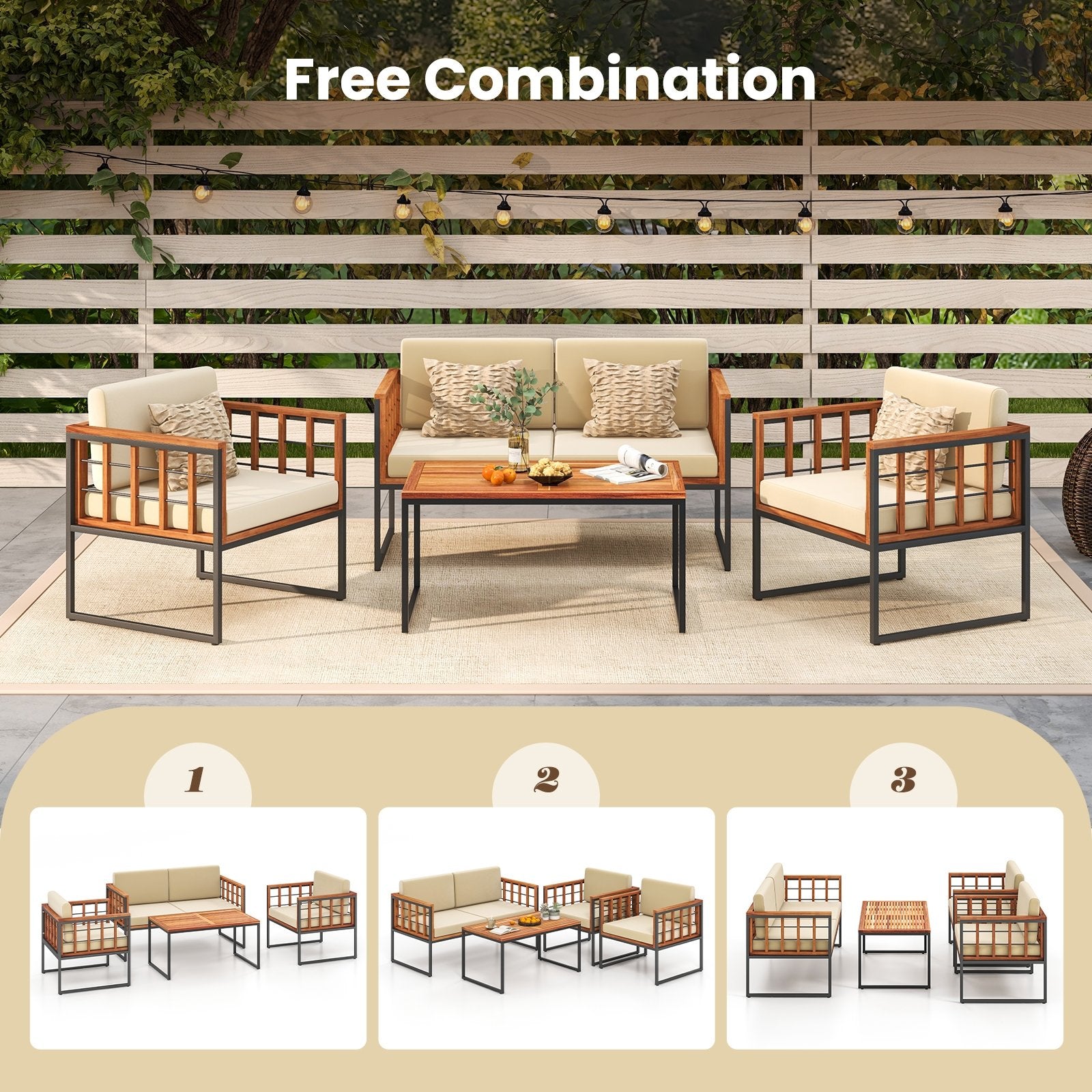 4 Pieces Acacia Wood Outdoor Sofa Set for Balcony  Porch  Backyard  Poolside Outdoor Sectionals   at Gallery Canada