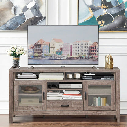 Tall TV Stand with Glass Storage and Drawer, Walnut - Gallery Canada