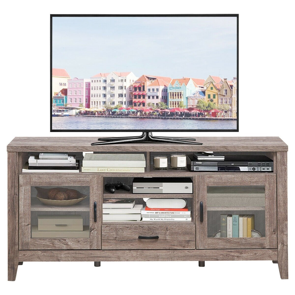 Tall TV Stand with Glass Storage and Drawer, Walnut - Gallery Canada