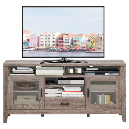 Tall TV Stand with Glass Storage and Drawer, Walnut - Gallery Canada