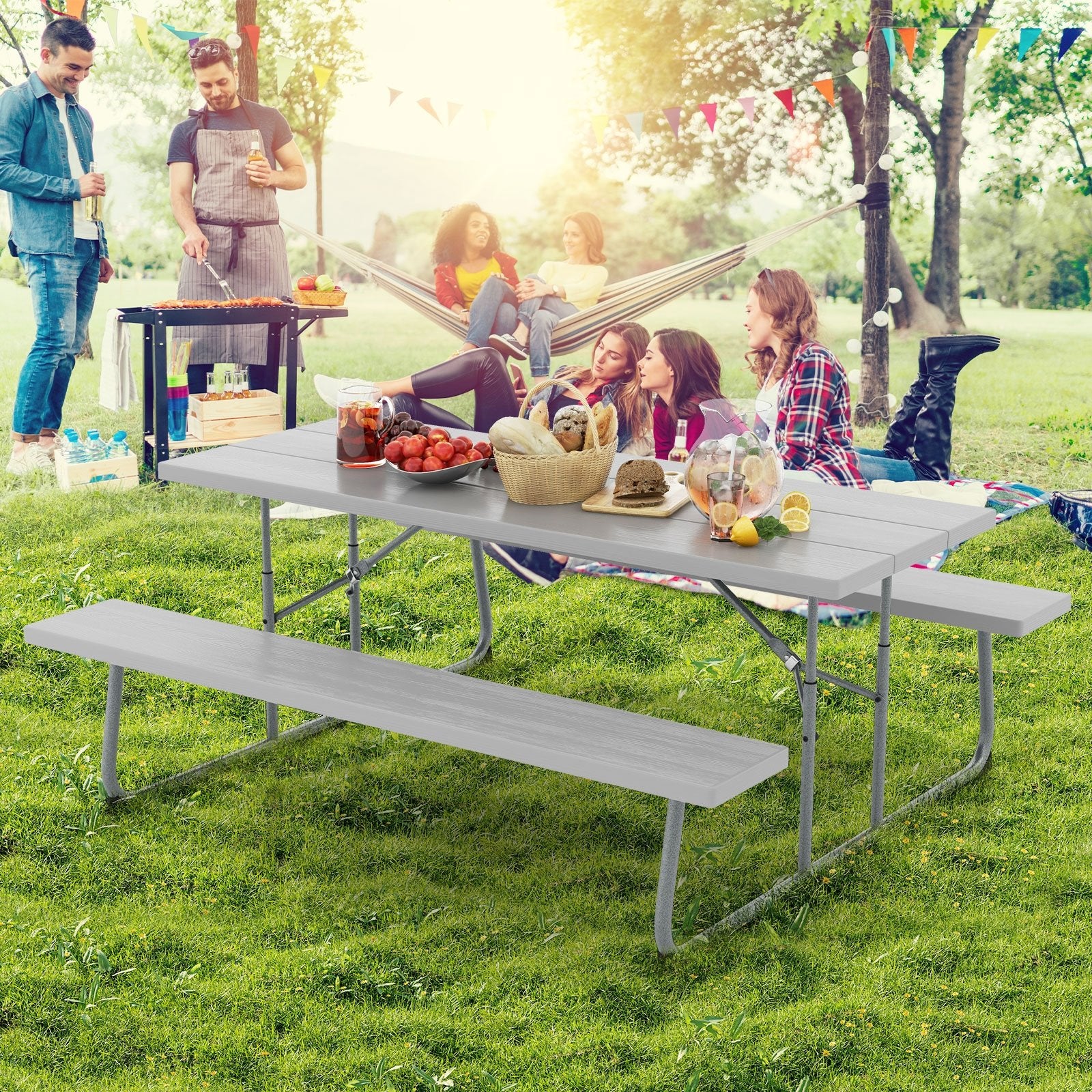 Folding Picnic Table Set with Metal Frame and All-Weather HDPE Tabletop  Umbrella Hole, Gray Outdoor Seating & Patio Chairs   at Gallery Canada