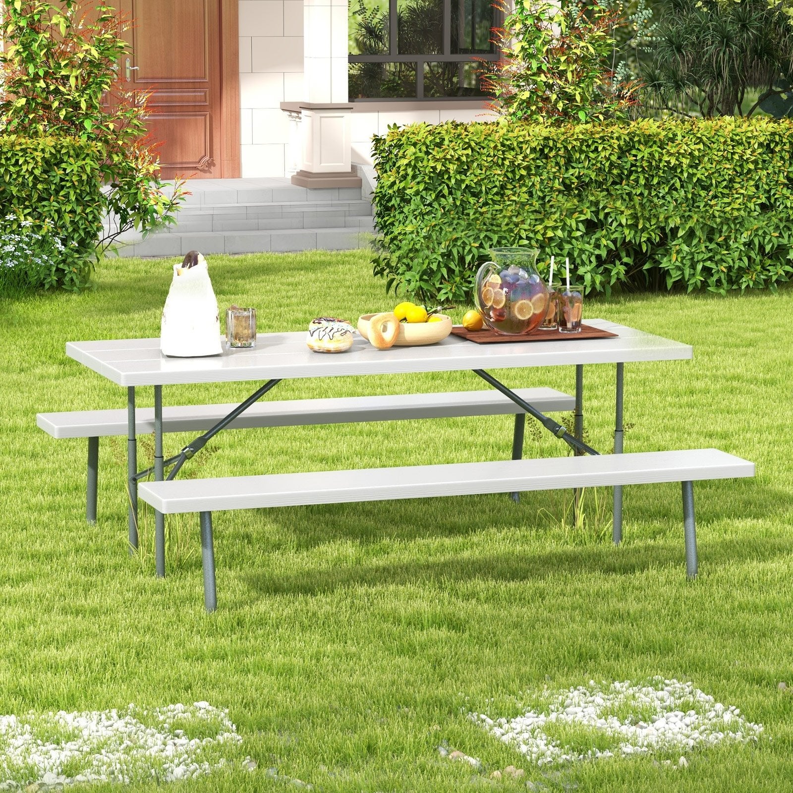 Folding Picnic Table Set with Metal Frame and All-Weather HDPE Tabletop  Umbrella Hole, Gray Outdoor Seating & Patio Chairs   at Gallery Canada