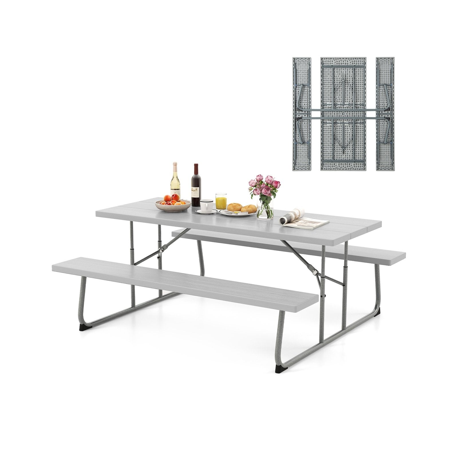 Folding Picnic Table Set with Metal Frame and All-Weather HDPE Tabletop  Umbrella Hole, Gray Outdoor Seating & Patio Chairs   at Gallery Canada