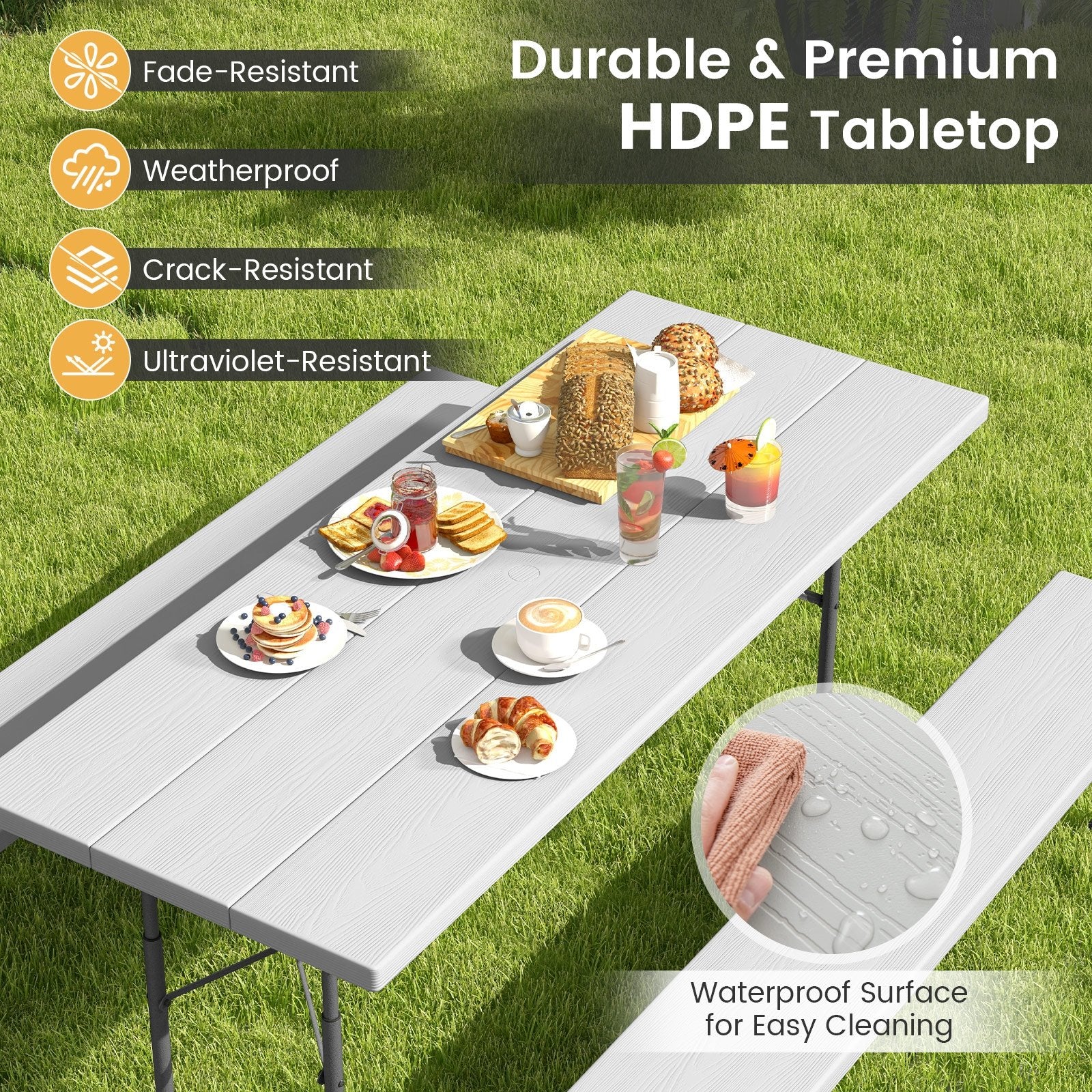 Folding Picnic Table Set with Metal Frame and All-Weather HDPE Tabletop  Umbrella Hole, Gray Outdoor Seating & Patio Chairs   at Gallery Canada