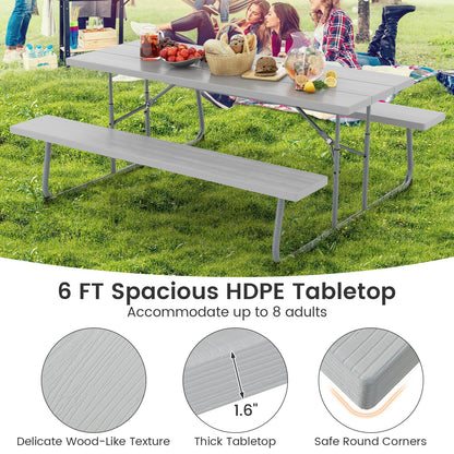 Folding Picnic Table Set with Metal Frame and All-Weather HDPE Tabletop  Umbrella Hole, Gray Outdoor Seating & Patio Chairs   at Gallery Canada