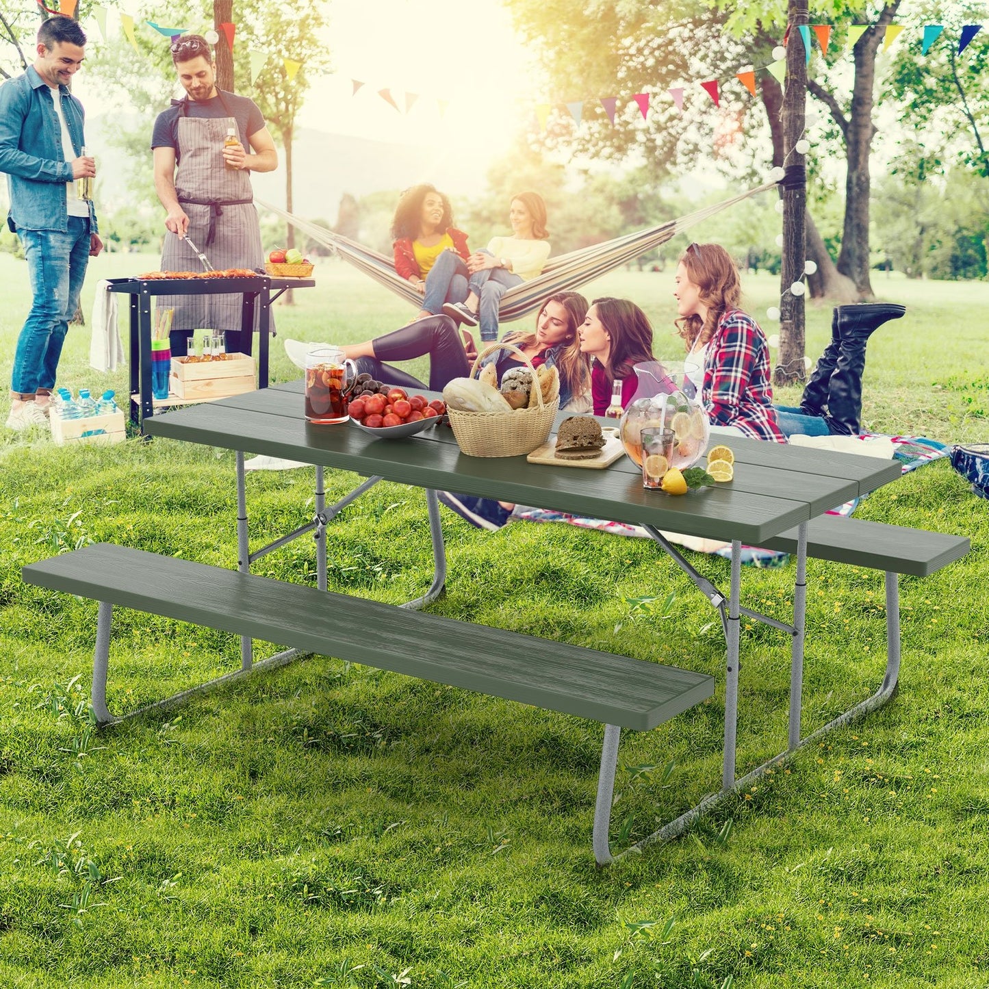 Folding Picnic Table Set with Metal Frame and All-Weather HDPE Tabletop  Umbrella Hole, Green Outdoor Seating & Patio Chairs   at Gallery Canada