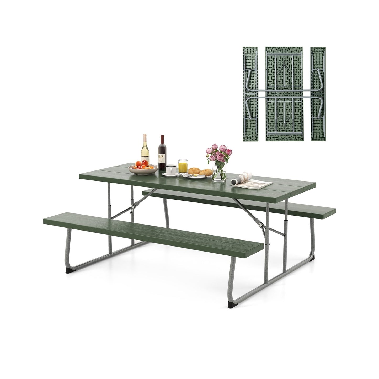 Folding Picnic Table Set with Metal Frame and All-Weather HDPE Tabletop  Umbrella Hole, Green Outdoor Seating & Patio Chairs   at Gallery Canada