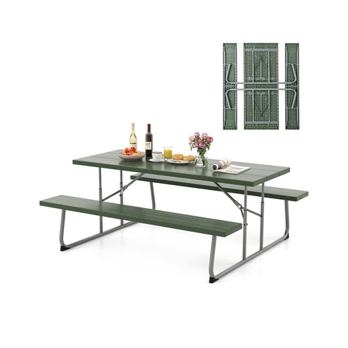 Folding Picnic Table Set with Metal Frame and All-Weather HDPE Tabletop  Umbrella Hole, Green