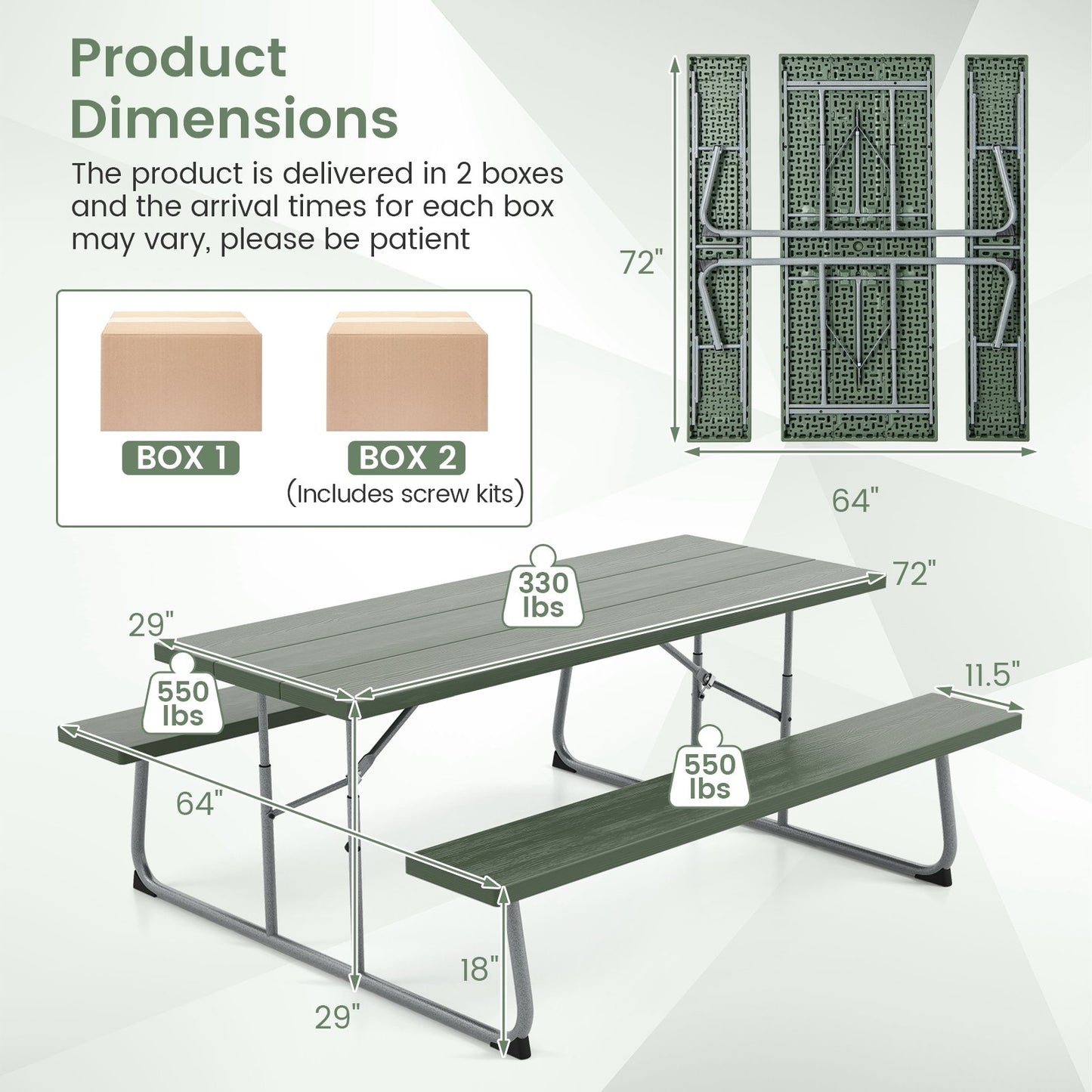 Folding Picnic Table Set with Metal Frame and All-Weather HDPE Tabletop  Umbrella Hole, Green Outdoor Seating & Patio Chairs   at Gallery Canada