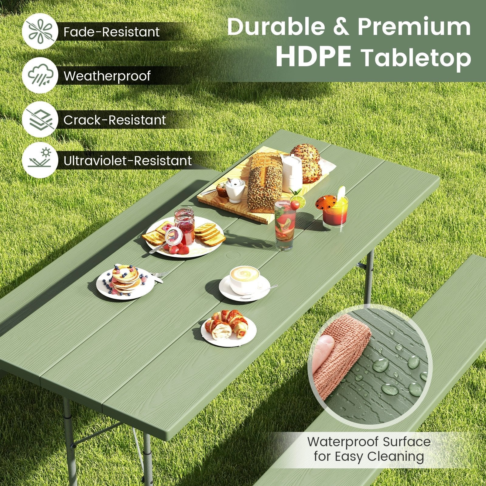 Folding Picnic Table Set with Metal Frame and All-Weather HDPE Tabletop  Umbrella Hole, Green Outdoor Seating & Patio Chairs   at Gallery Canada