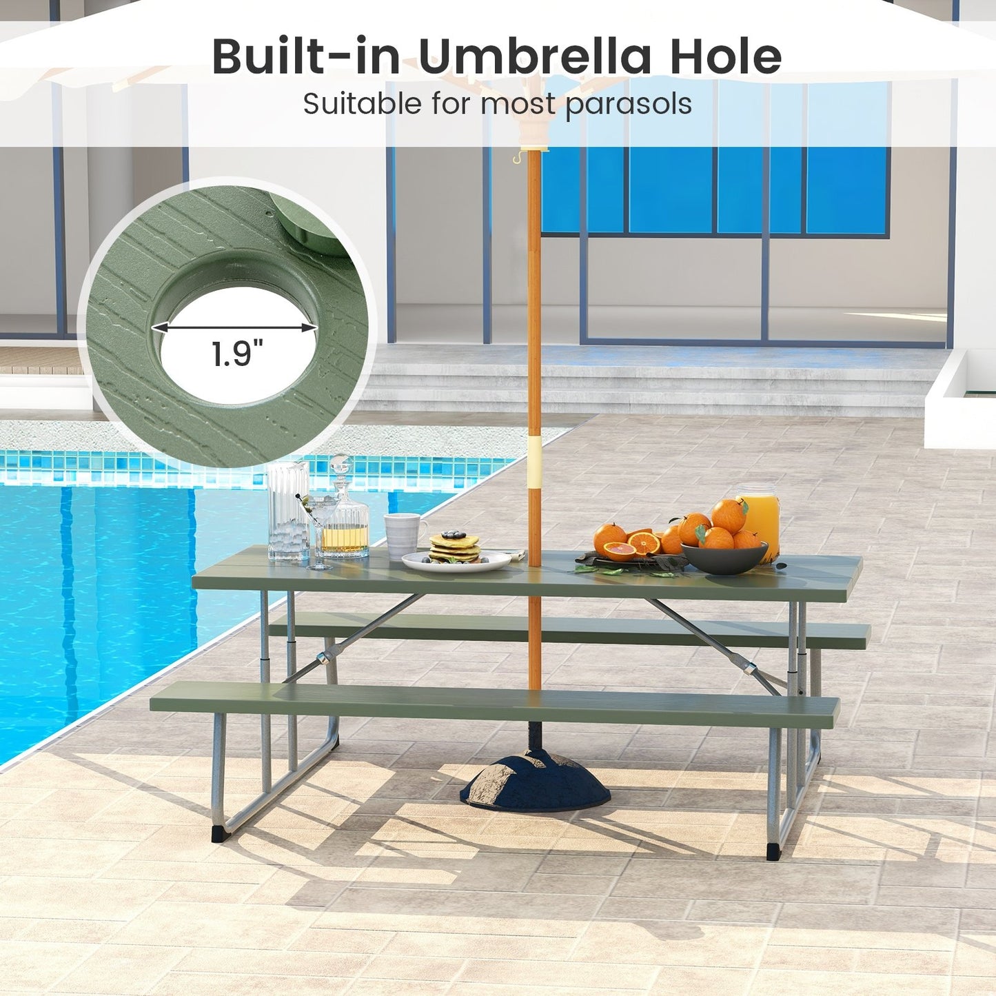 Folding Picnic Table Set with Metal Frame and All-Weather HDPE Tabletop  Umbrella Hole, Green Outdoor Seating & Patio Chairs   at Gallery Canada