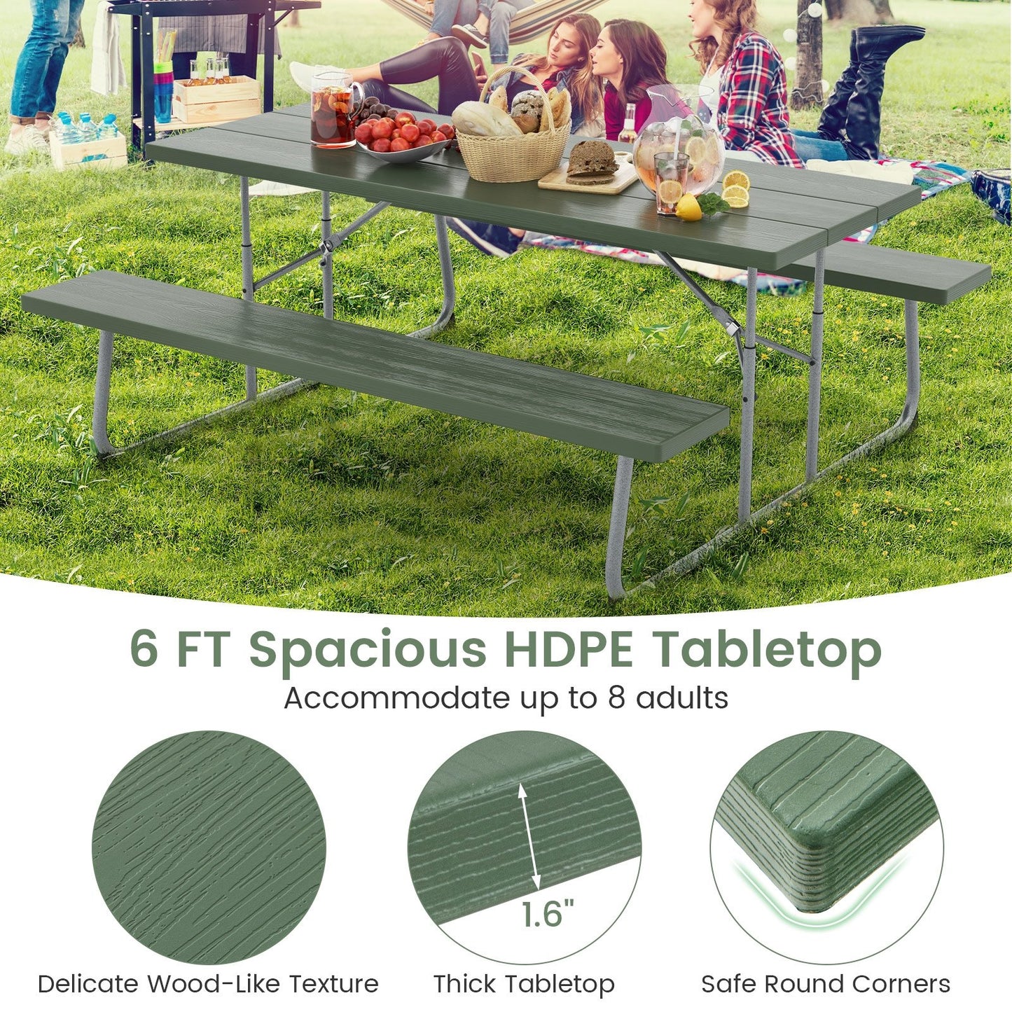 Folding Picnic Table Set with Metal Frame and All-Weather HDPE Tabletop  Umbrella Hole, Green Outdoor Seating & Patio Chairs   at Gallery Canada