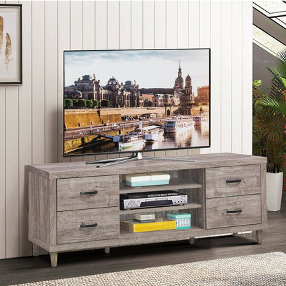 Retro Wooden TV Stand with 3 Open Shelves and 4 Drawers, Gray - Gallery Canada