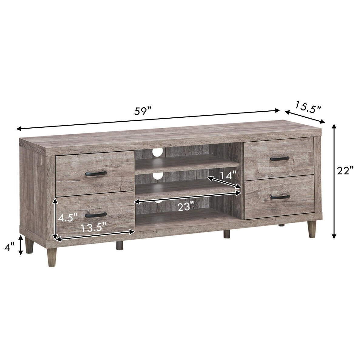 Retro Wooden TV Stand with 3 Open Shelves and 4 Drawers, Gray Entertainment Centers & TV Stands   at Gallery Canada