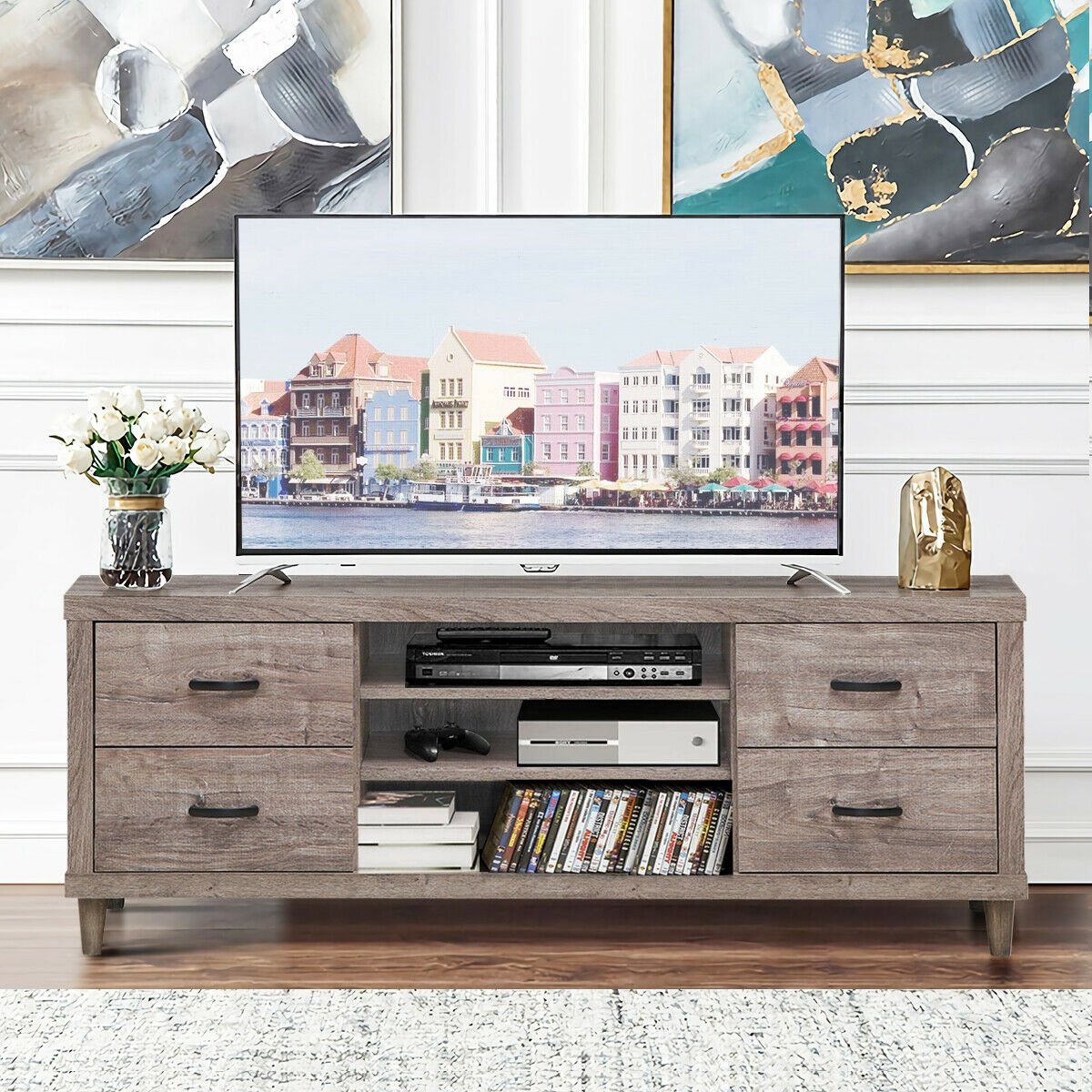 Retro Wooden TV Stand with 3 Open Shelves and 4 Drawers, Gray Entertainment Centers & TV Stands   at Gallery Canada